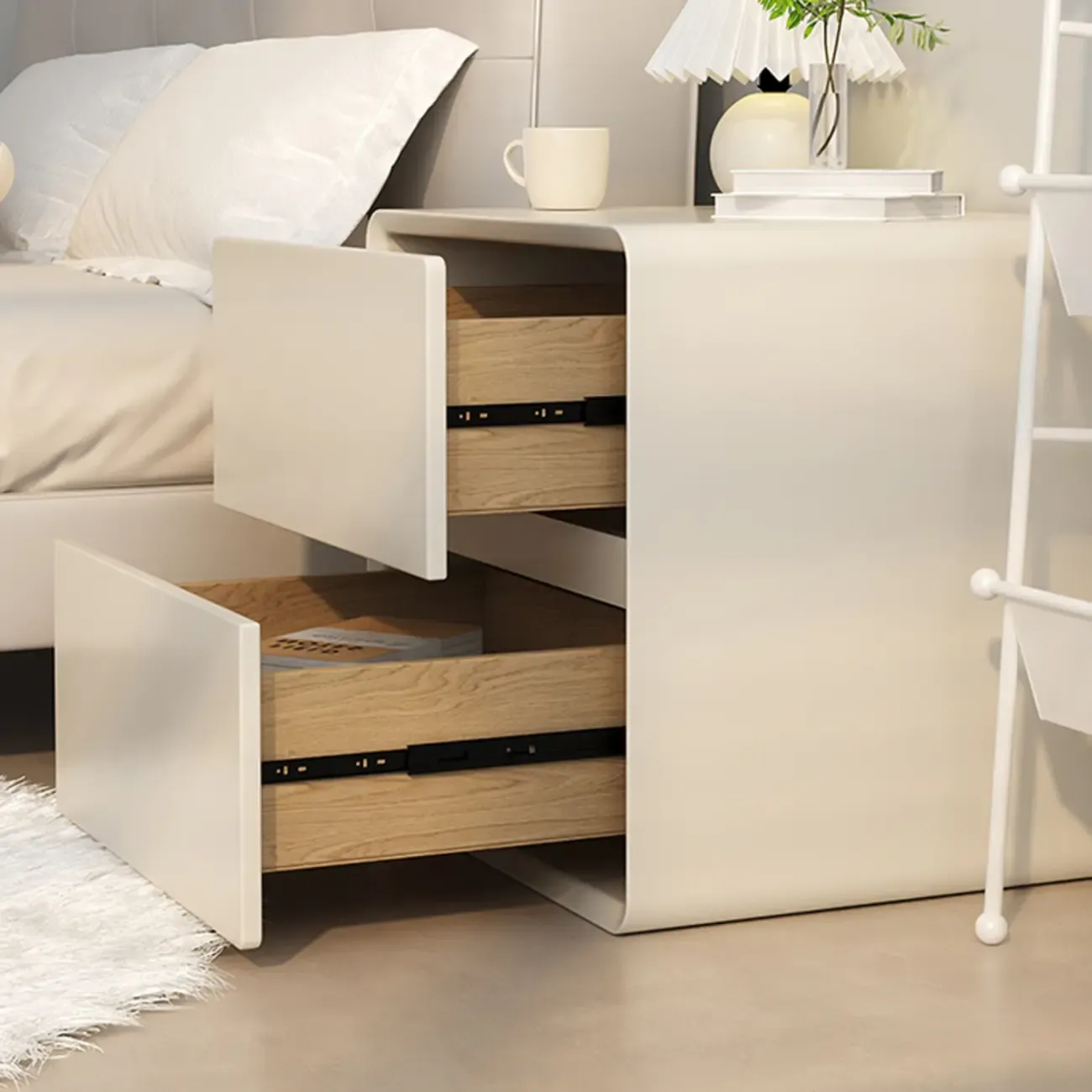 Modern Cream Bedside Table with Two Storage Drawers Image - 16