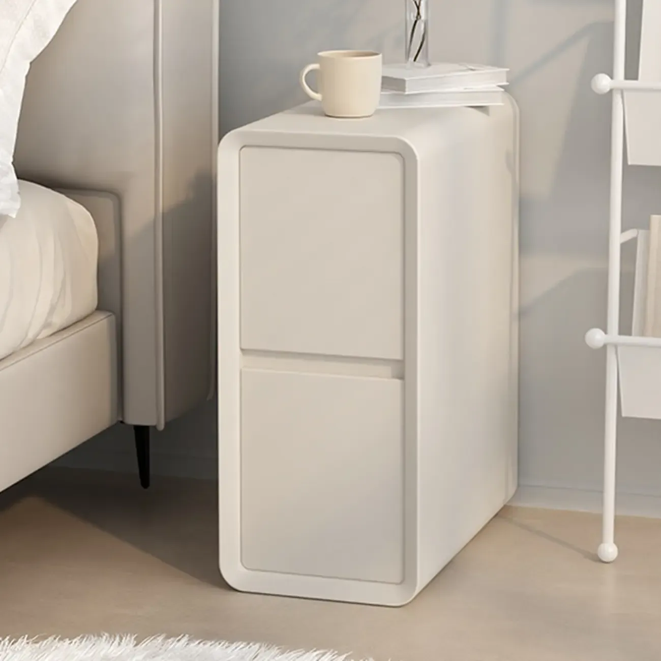 Modern Cream Bedside Table with Two Storage Drawers Image - 7