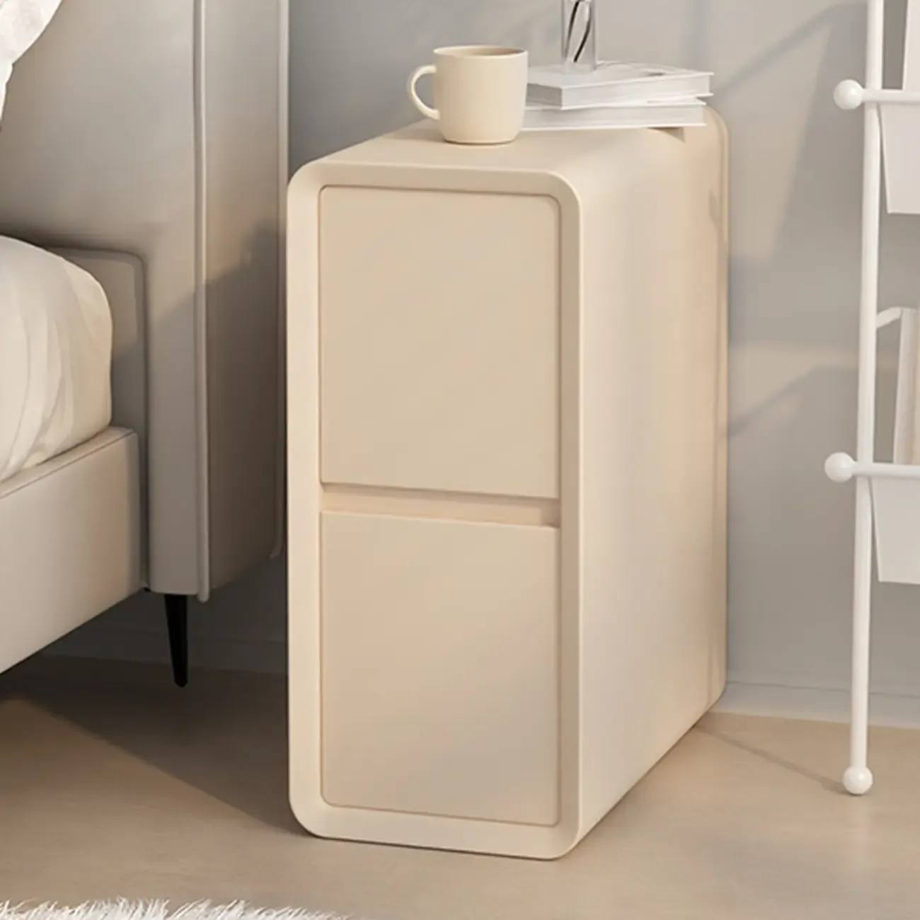 Modern Cream Bedside Table with Two Storage Drawers Image - 8