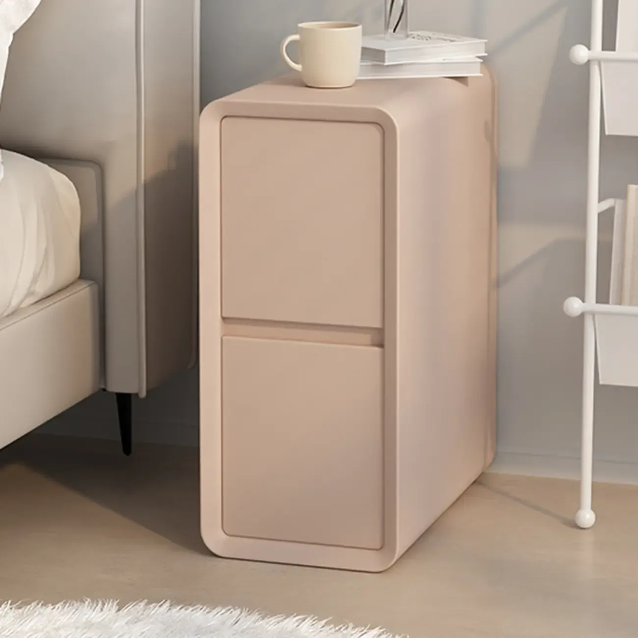 Modern Cream Bedside Table with Two Storage Drawers Image - 9