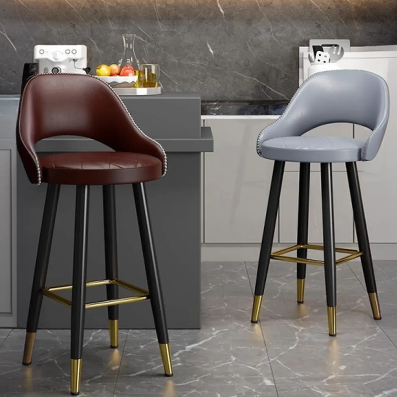 Modern Round Leather Curved Back Bar Stools Image - 1 | homeyfad