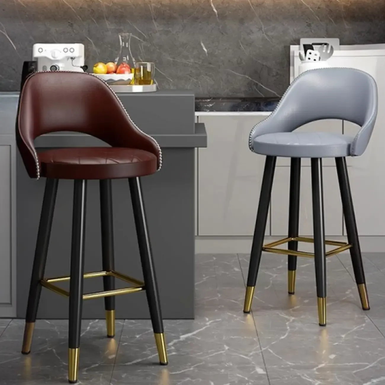Modern Round Leather Curved Back Bar Stools Image - 1