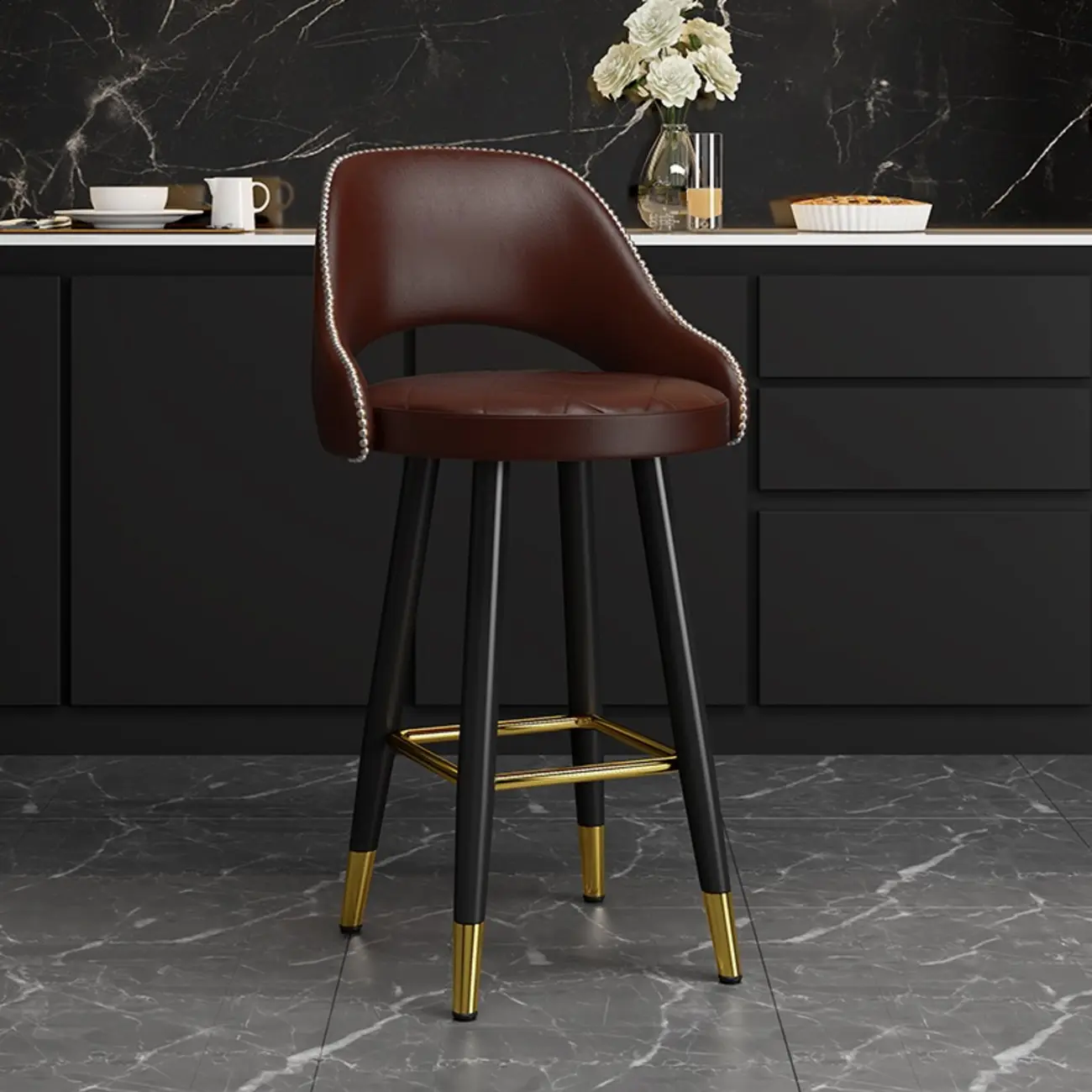 Modern Round Leather Curved Back Bar Stools Image - 2 | homeyfad