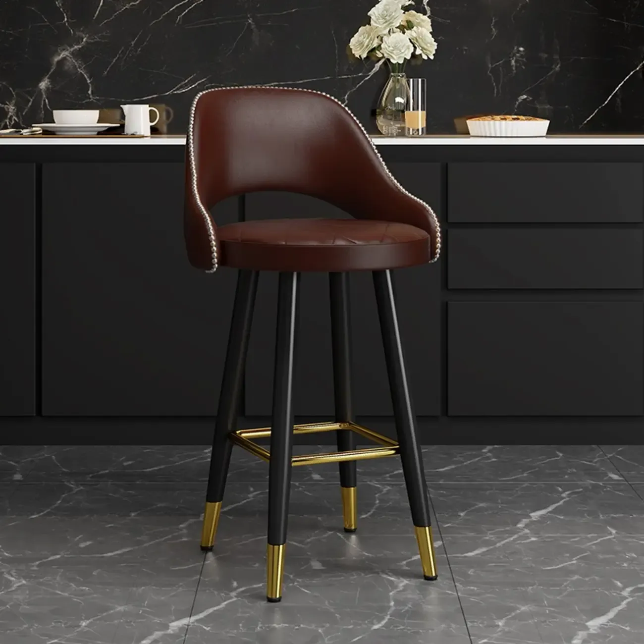 Modern Round Leather Curved Back Bar Stools | HomeyFad