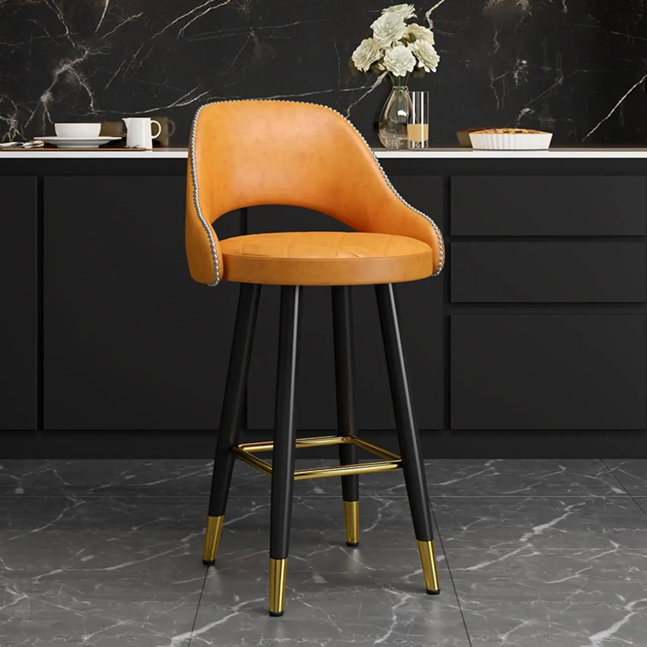 Modern Round Leather Curved Back Bar Stools Image - 6 | homeyfad