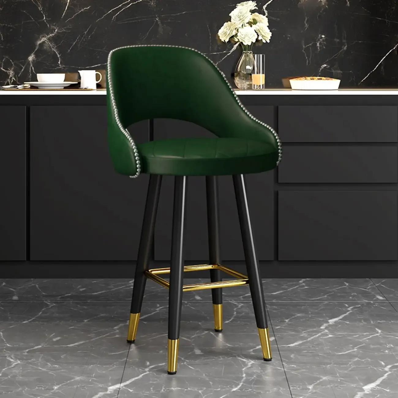 Modern Round Leather Curved Back Bar Stools Image - 8