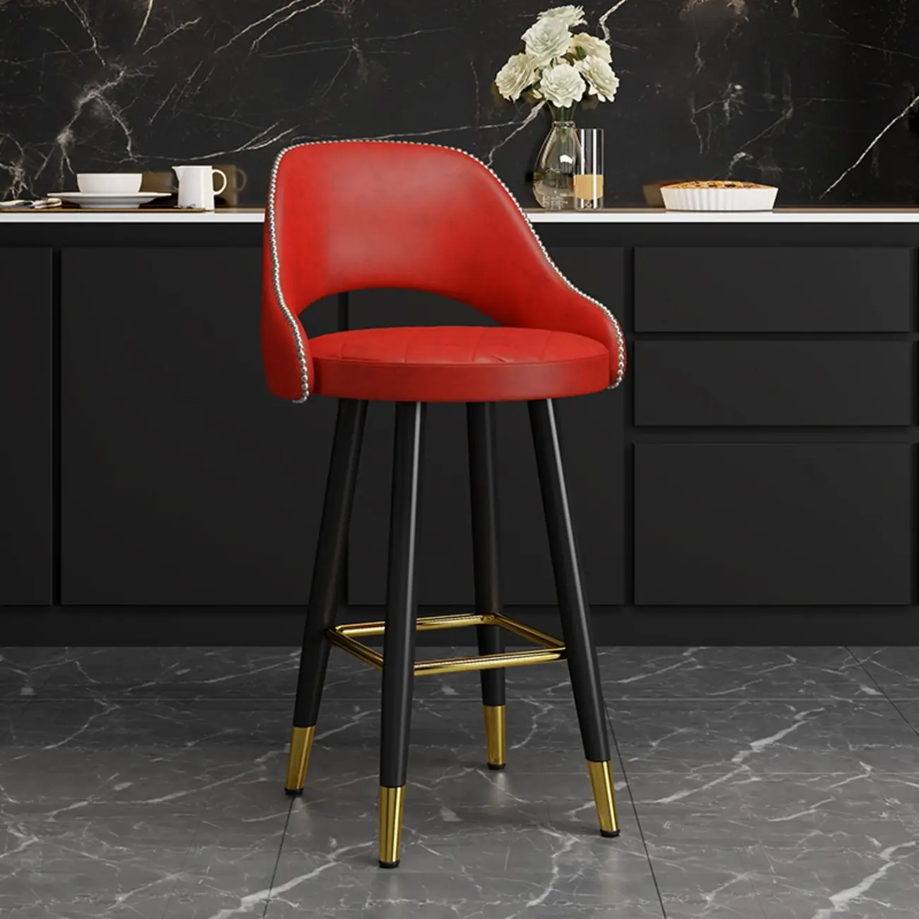Modern Round Leather Curved Back Bar Stools Image - 9 | homeyfad