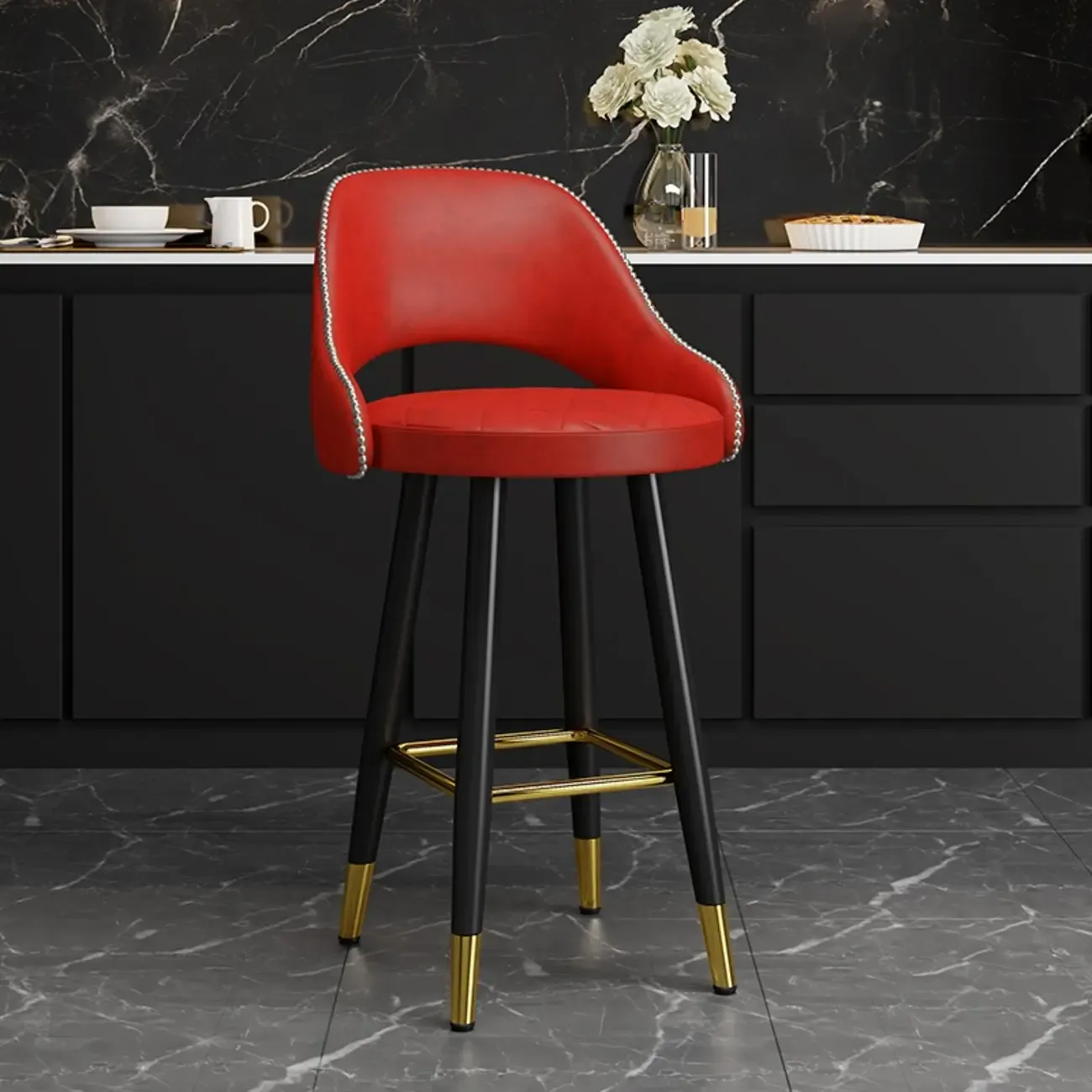 Modern Round Leather Curved Back Bar Stools Image - 9