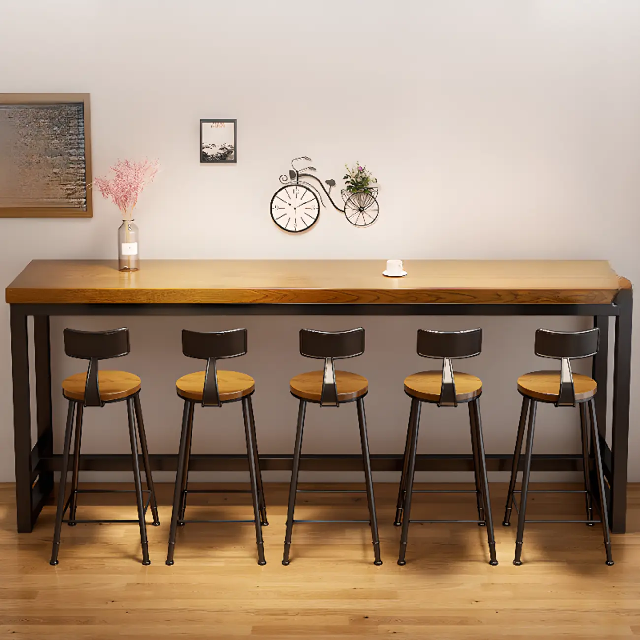 Simple Brown Black Wooden Trestle Bar Tables Image - 3 | homeyfad