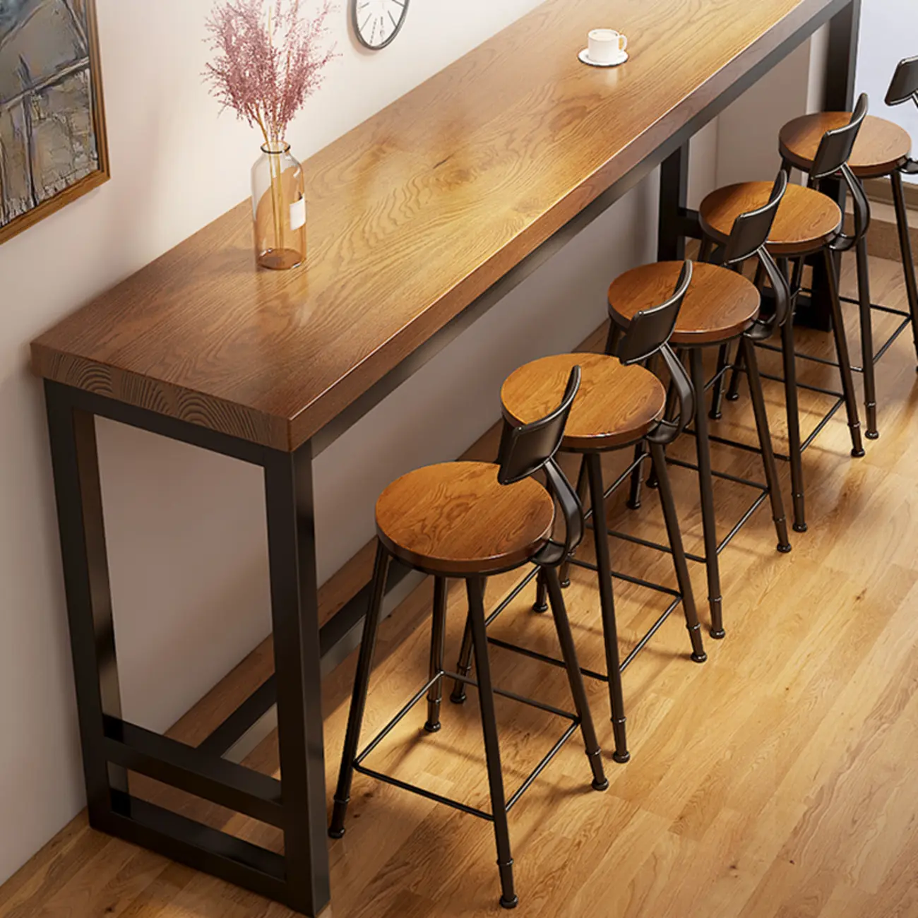 Simple Brown Black Wooden Trestle Bar Tables Image - 6 | homeyfad