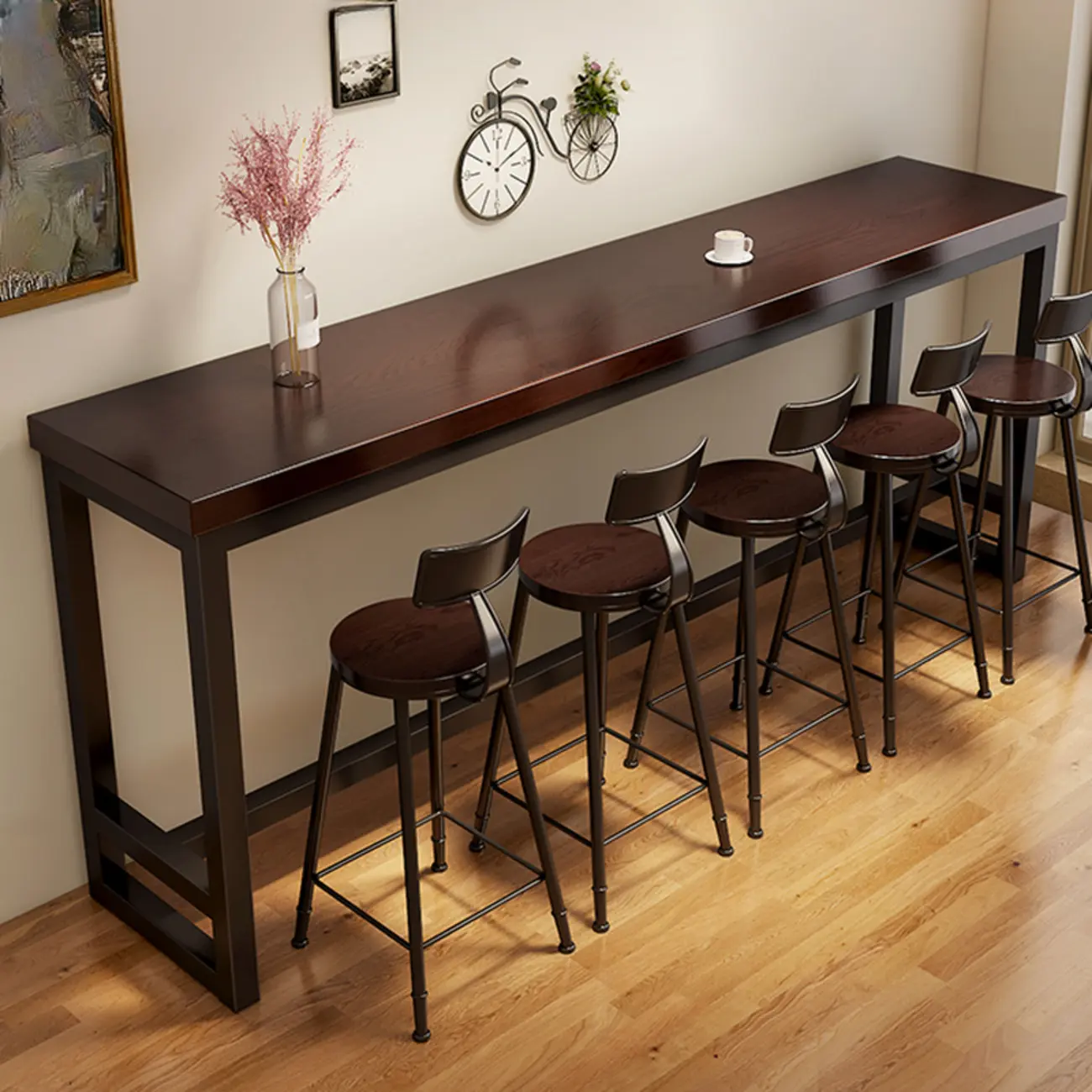 Simple Brown Black Wooden Trestle Bar Tables Image - 8 | homeyfad
