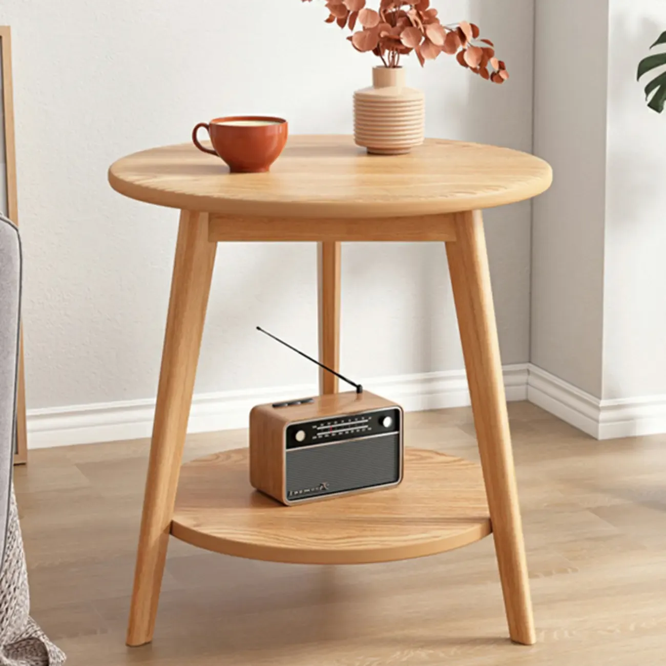 Contemporary Natural Wood Round three Legs Side Table Image - 12