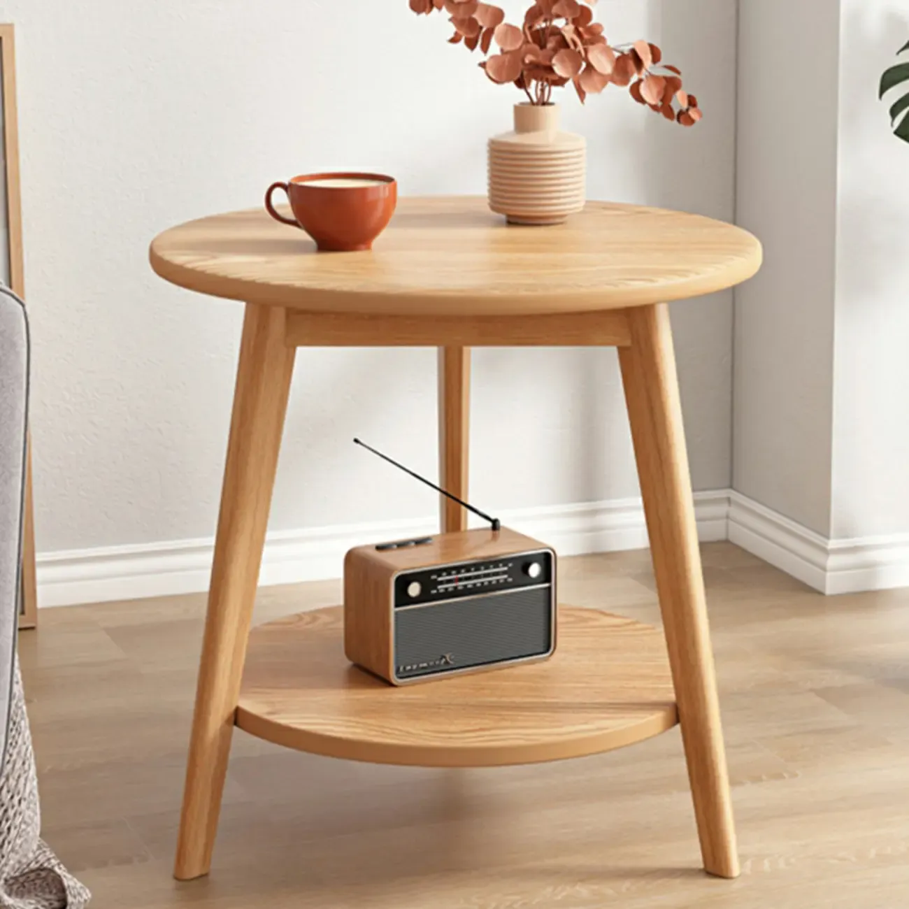 Contemporary Natural Wood Round three Legs Side Table Image - 14