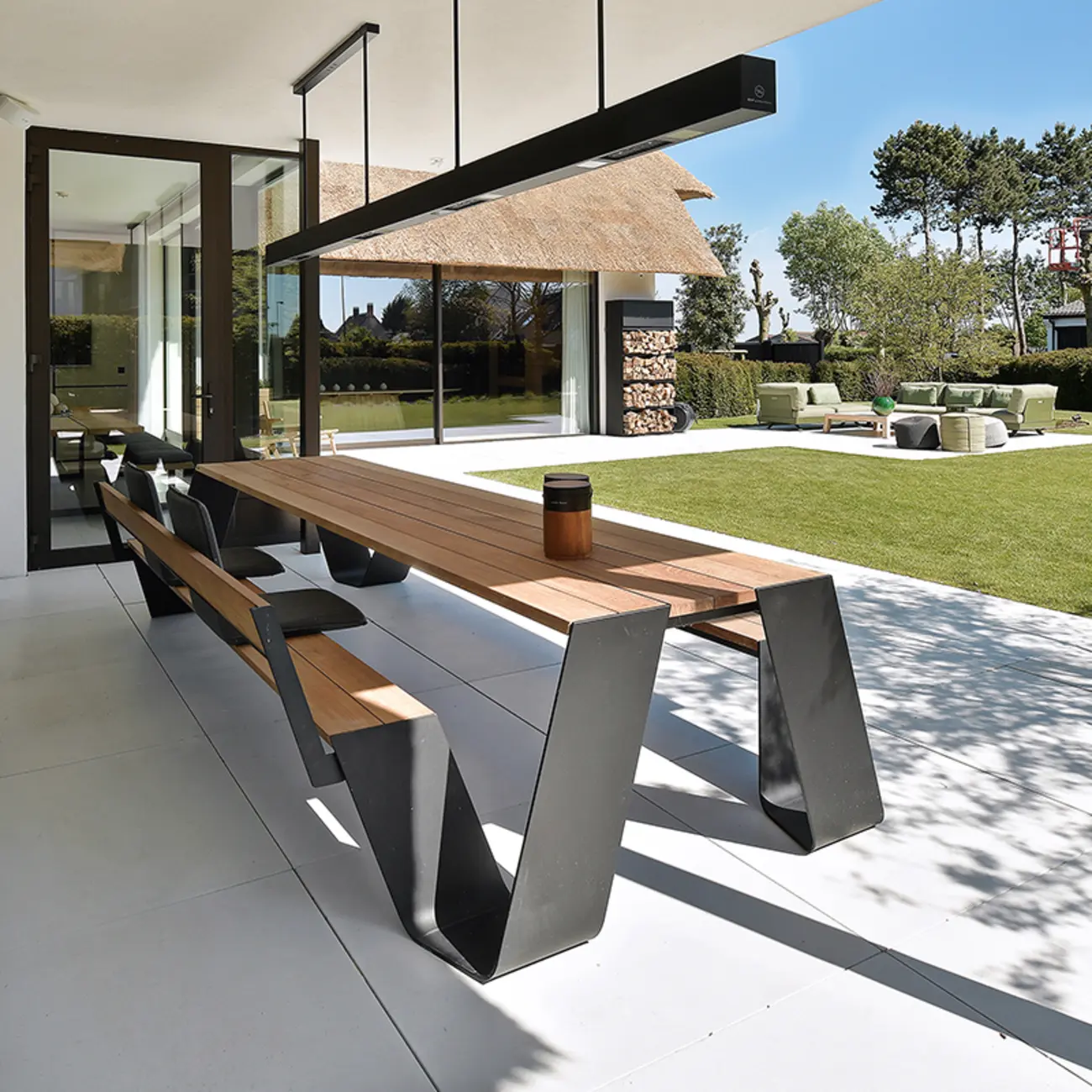 Rectangular Wood & Metal Outdoor Dining Set with Bench Image - 1 | homeyfad