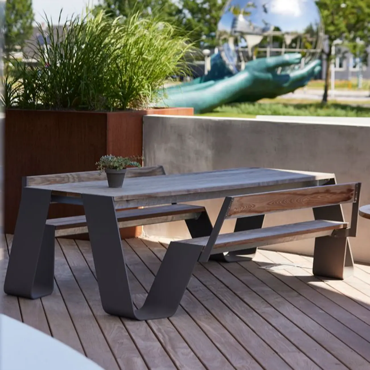 Rectangular Wood & Metal Outdoor Dining Set with Bench Image - 2 | homeyfad