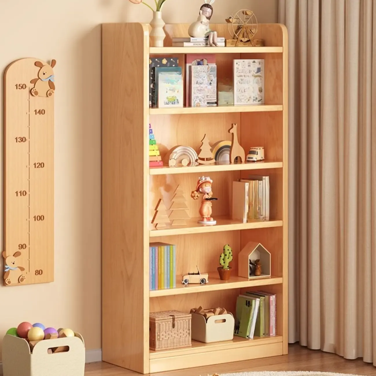 Narrow Vertical Modern Wooden Bookcase in Natural Finish Image - 1 | homeyfad