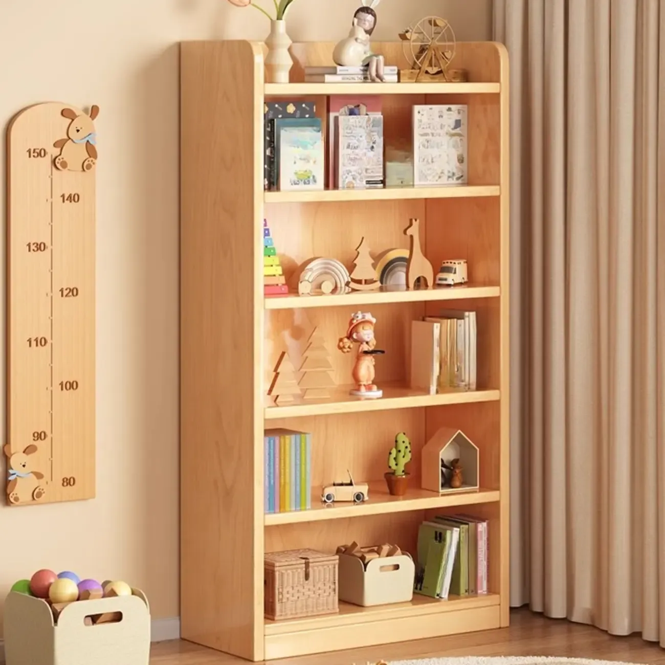 Narrow Vertical Modern Wooden Bookcase in Natural Finish Image - 1