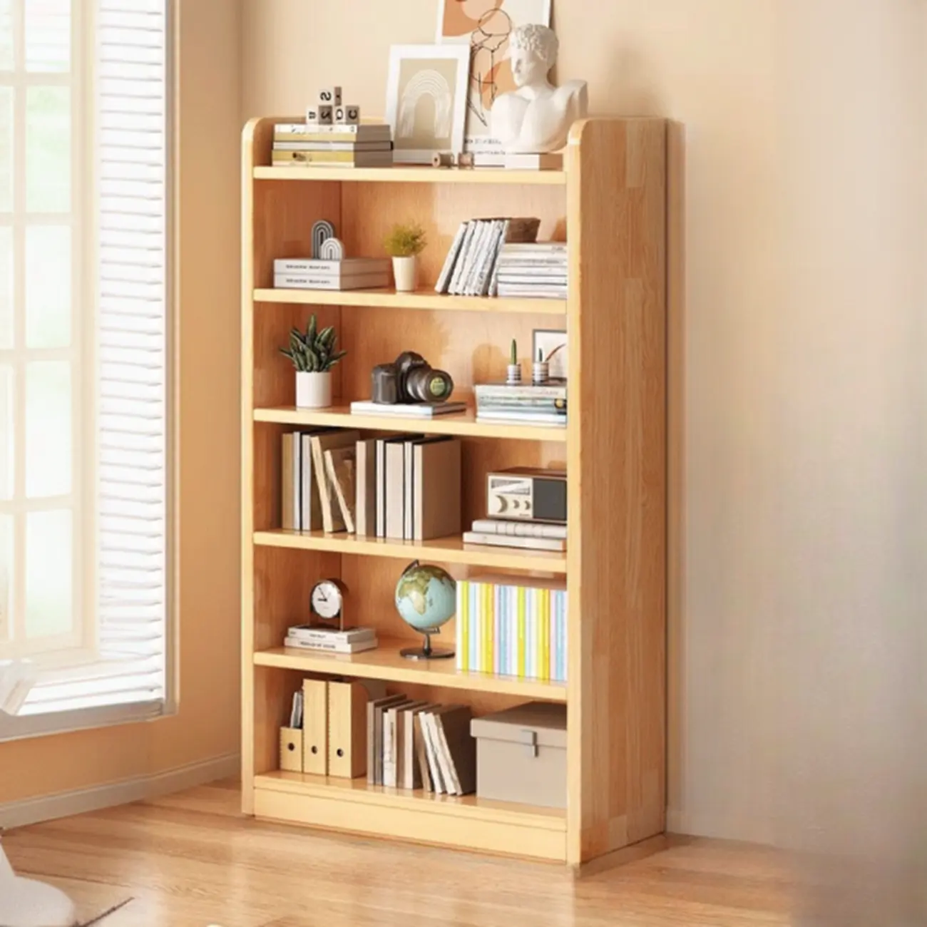 Narrow Vertical Modern Wooden Bookcase in Natural Finish Image - 6 | homeyfad