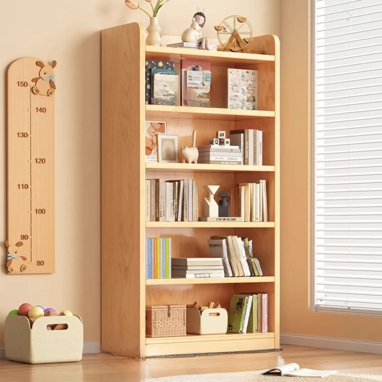 Narrow Vertical Modern Wooden Bookcase in Natural Finish Image - 2 | homeyfad