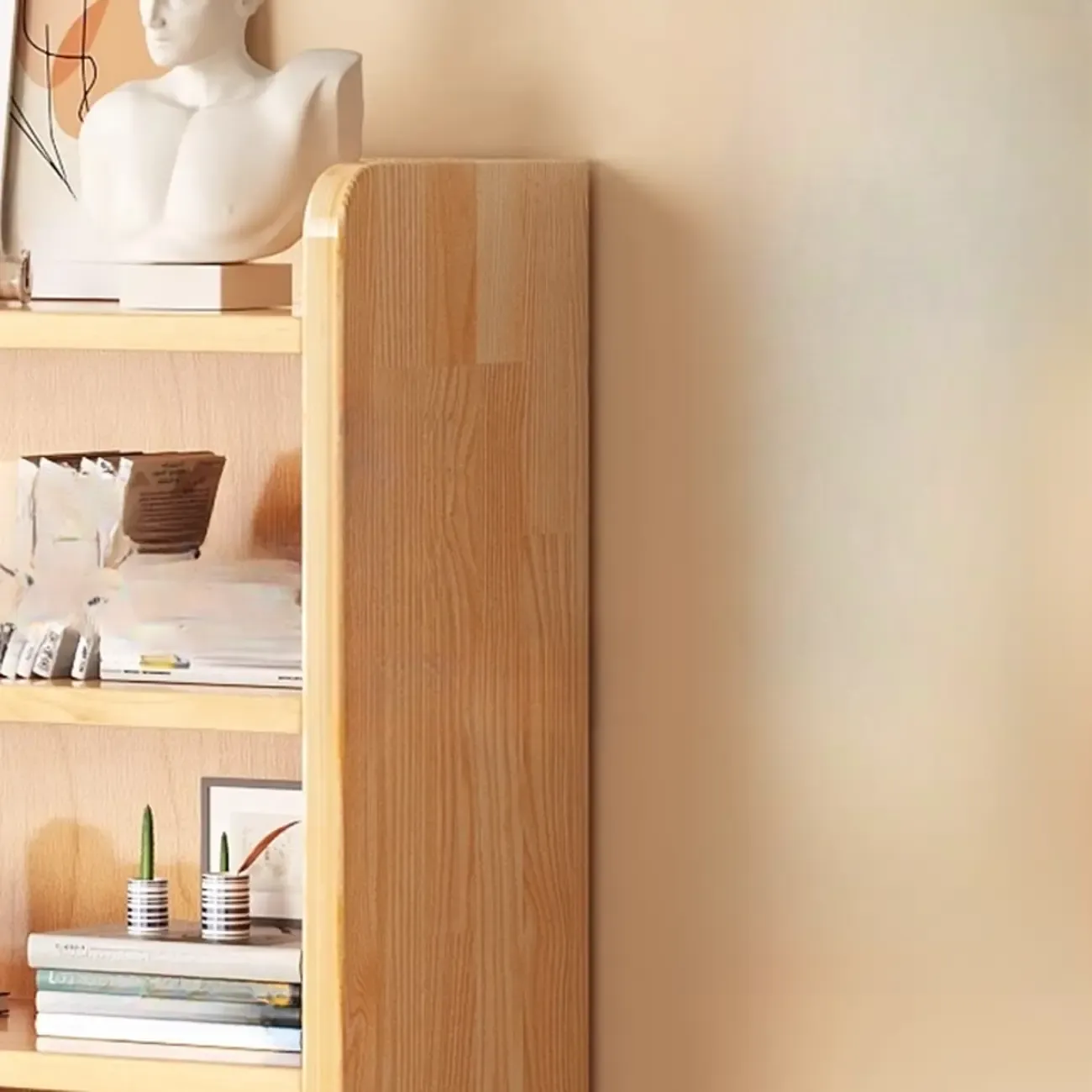 Narrow Vertical Modern Wooden Bookcase in Natural Finish Image - 7