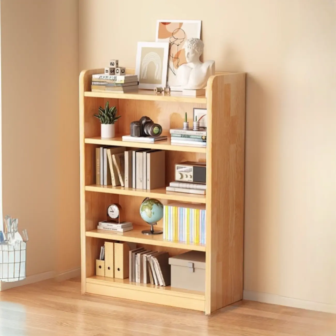 Narrow Vertical Modern Wooden Bookcase in Natural Finish Image - 4 | homeyfad