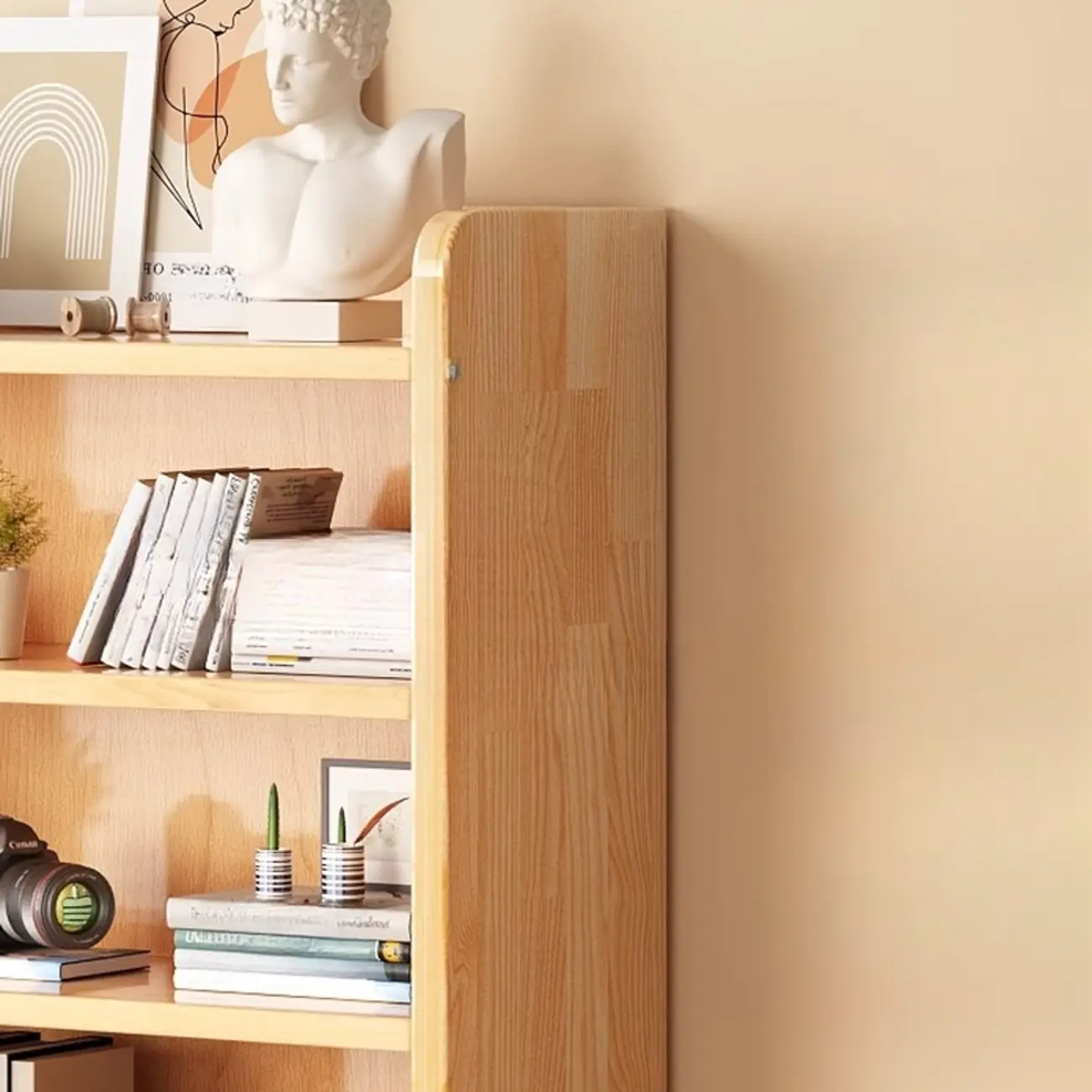 Narrow Vertical Modern Wooden Bookcase in Natural Finish Image - 8 | homeyfad