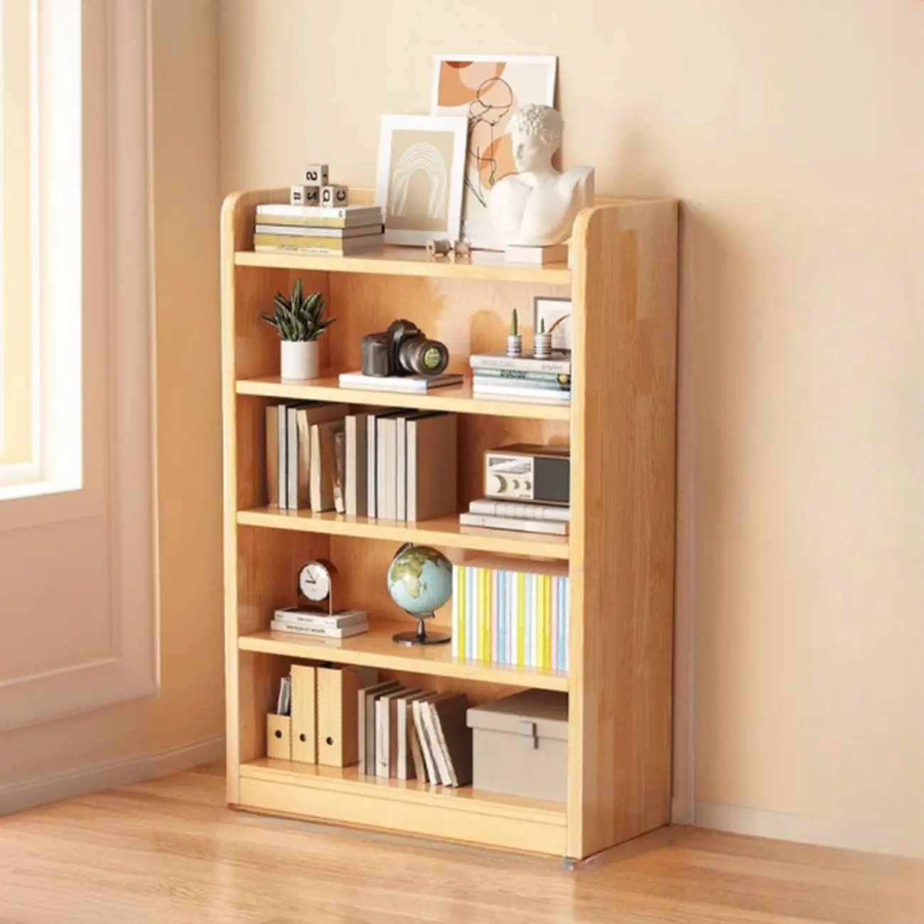 Narrow Vertical Modern Wooden Bookcase in Natural Finish Image - 5 | homeyfad