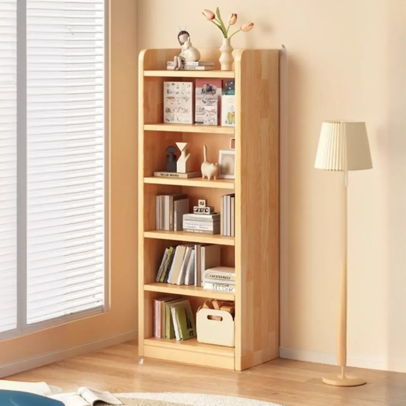 Narrow Vertical Modern Wooden Bookcase in Natural Finish Image - 10