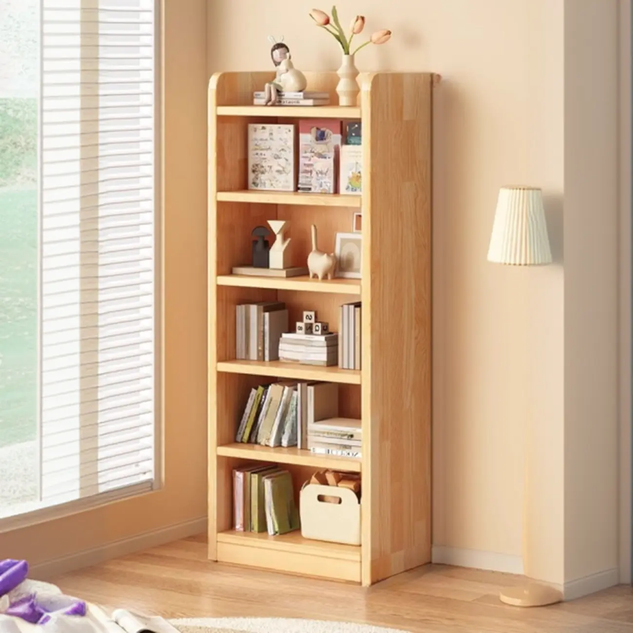 Narrow Vertical Modern Wooden Bookcase in Natural Finish Image - 11 | homeyfad