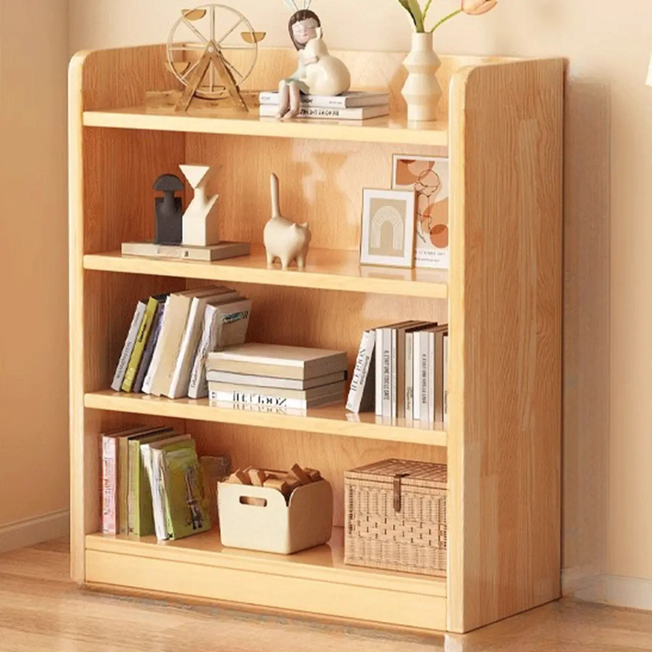 Narrow Vertical Modern Wooden Bookcase in Natural Finish Image - 17 | homeyfad