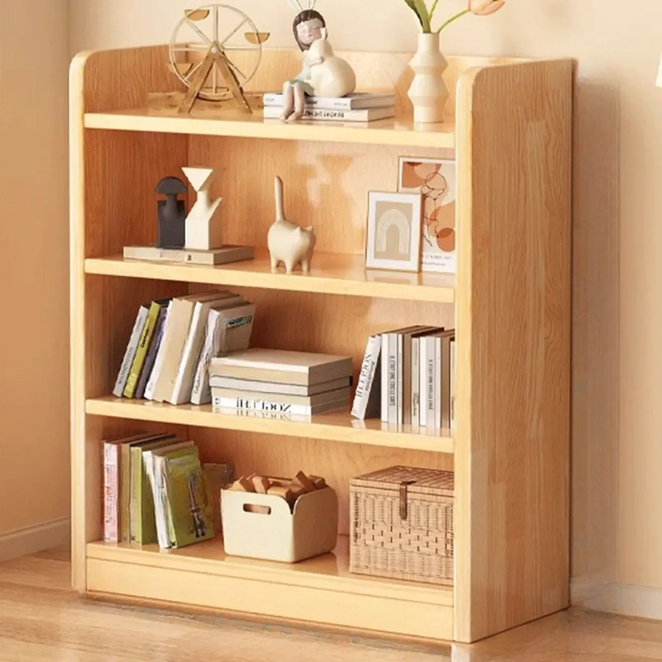 Narrow Vertical Modern Wooden Bookcase in Natural Finish Image - 17