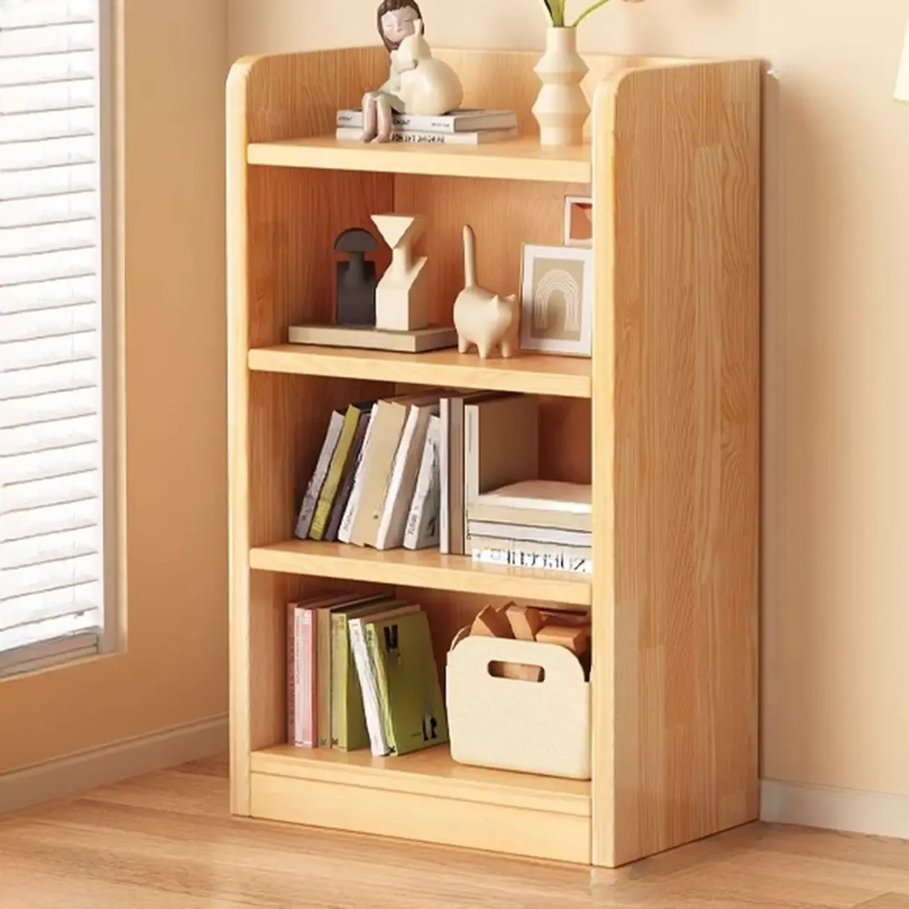 Narrow Vertical Modern Wooden Bookcase in Natural Finish Image - 21