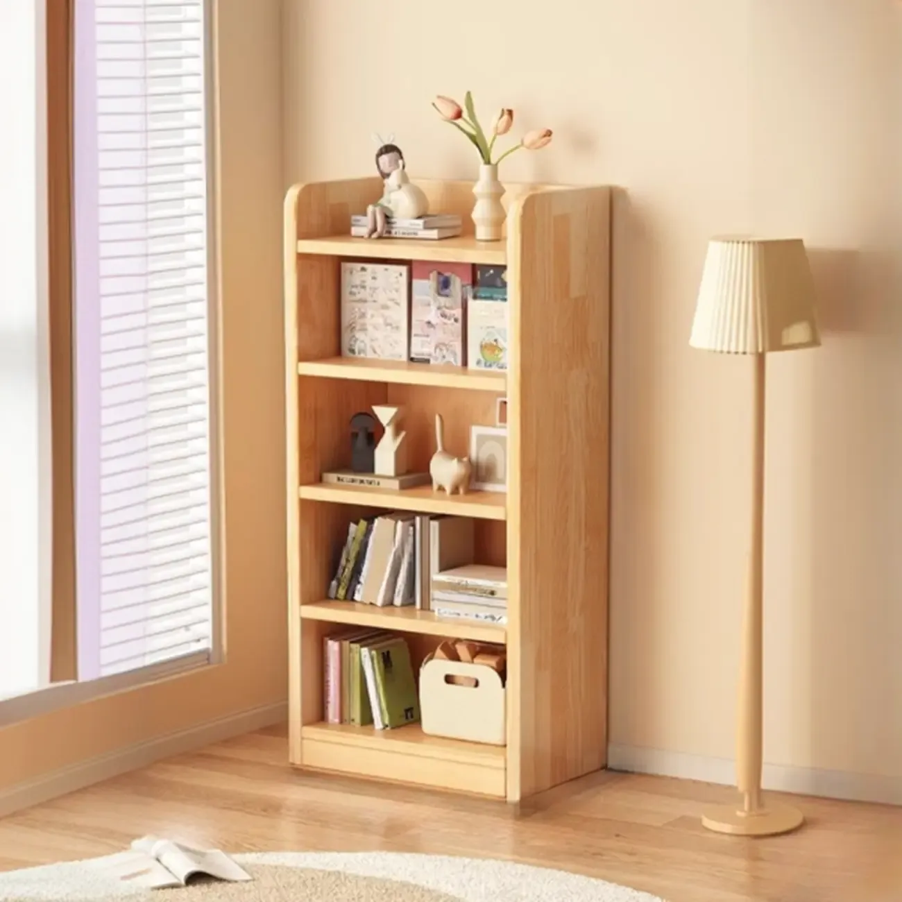 Narrow Vertical Modern Wooden Bookcase in Natural Finish Image - 23