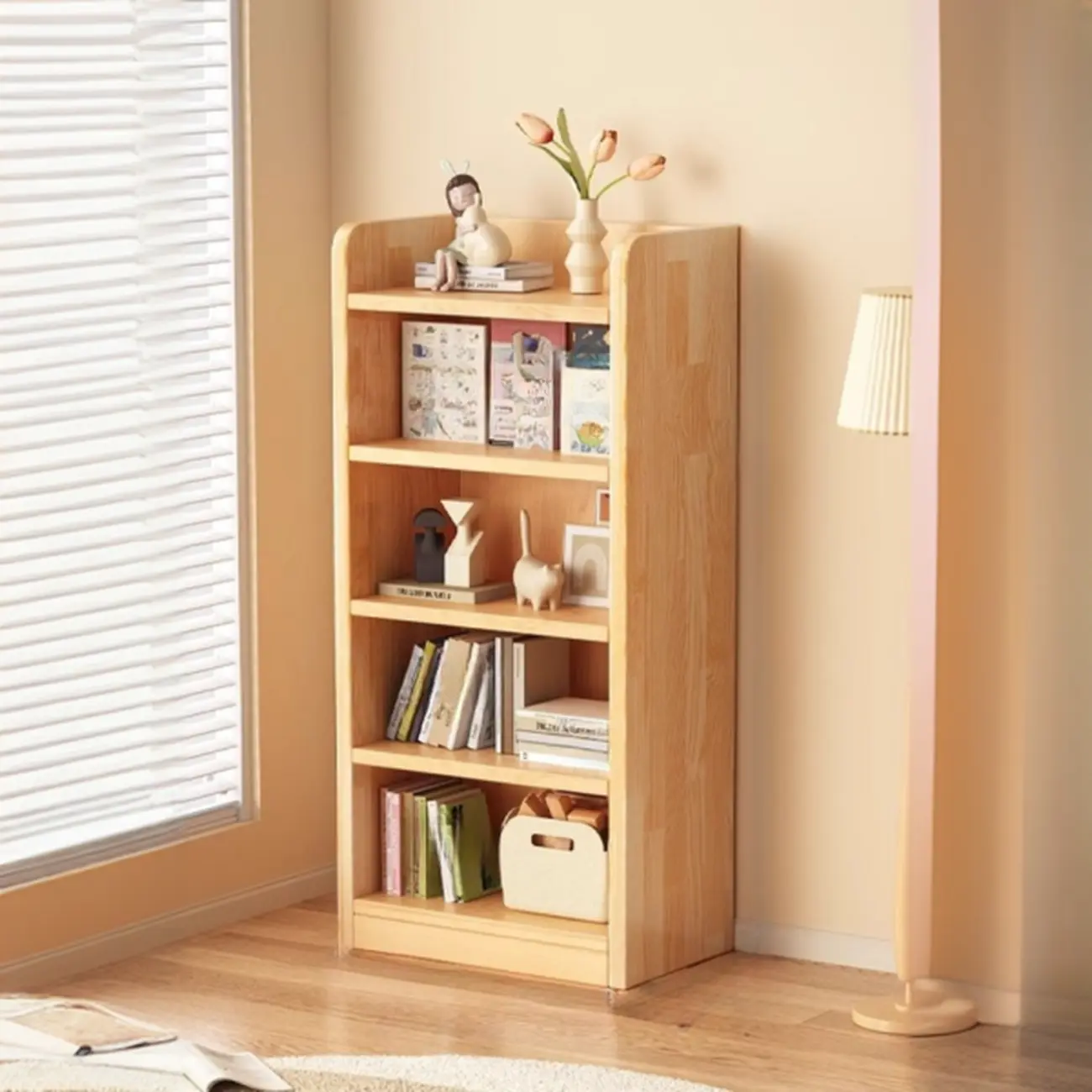 Narrow Vertical Modern Wooden Bookcase in Natural Finish Image - 24 | homeyfad