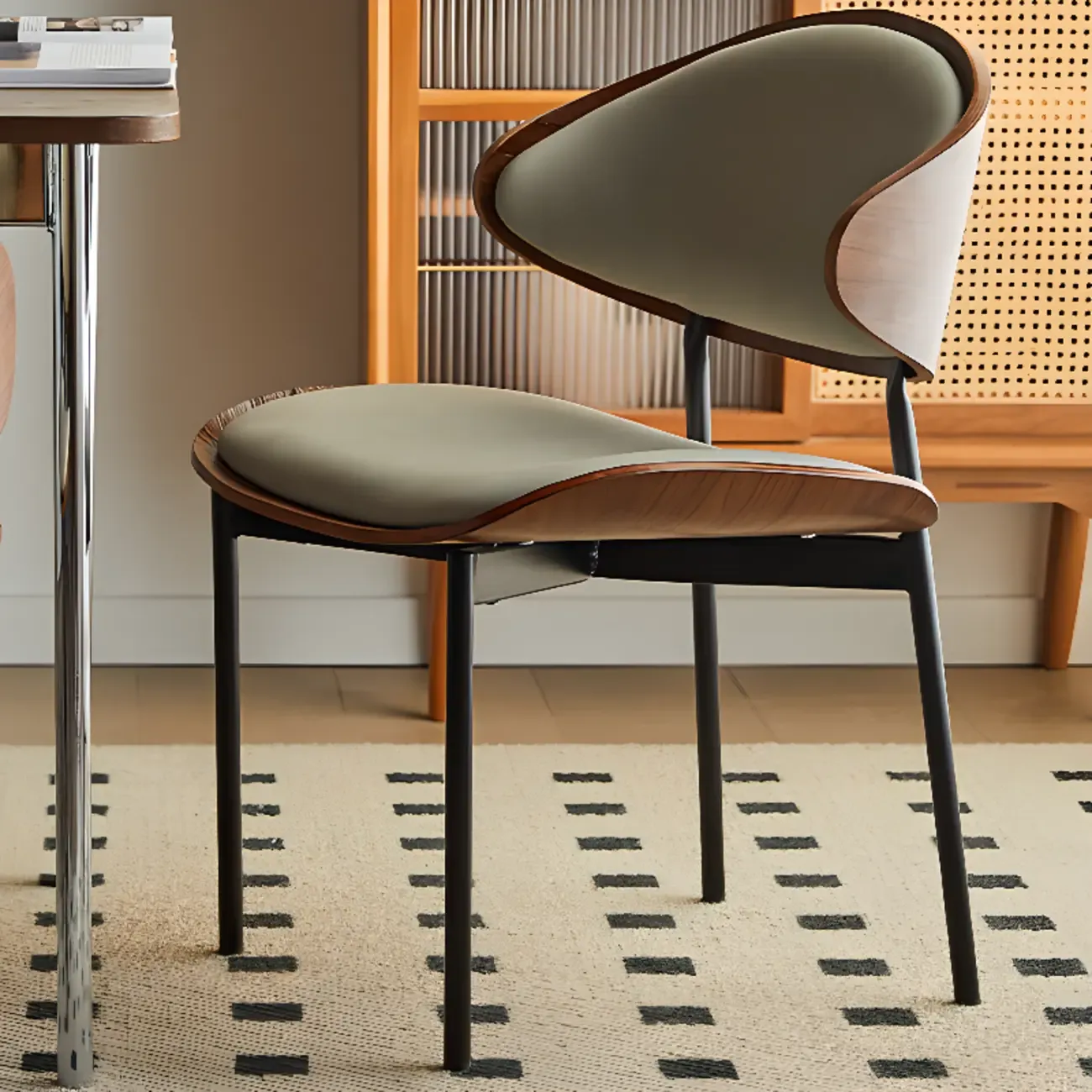 Black Leather Seat Curved Back Dining Chair Image - 12