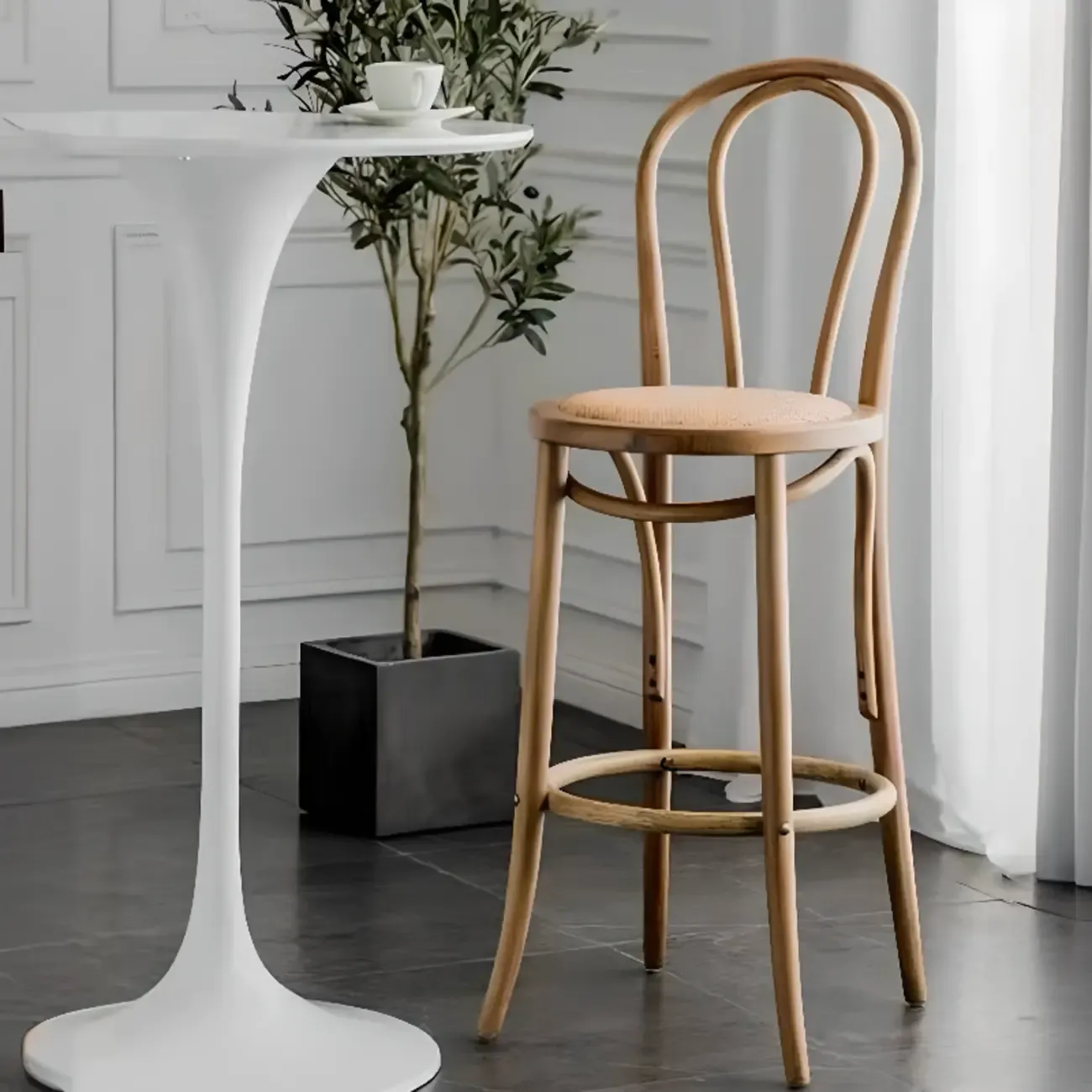 Walnut Beech Wood Leather Seat Bar Stools with Back Image - 4