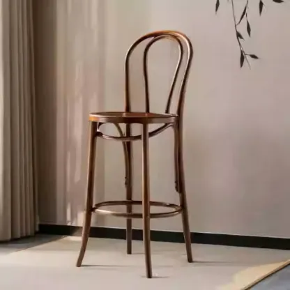 Walnut Beech Wood Leather Seat Bar Stools with Back Image - 5