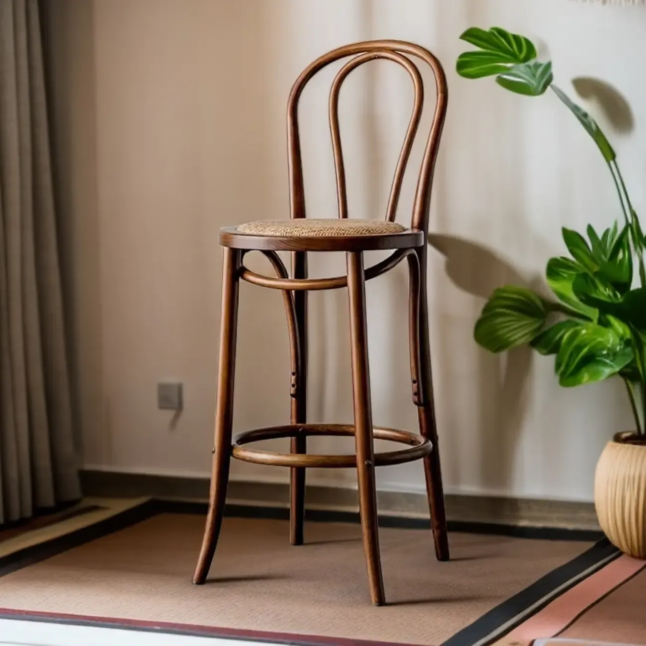 Walnut Beech Wood Leather Seat Bar Stools with Back Image - 6
