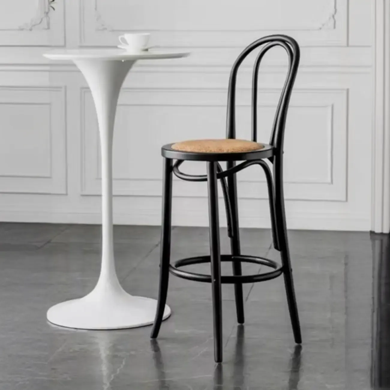 Walnut Beech Wood Leather Seat Bar Stools with Back Image - 8