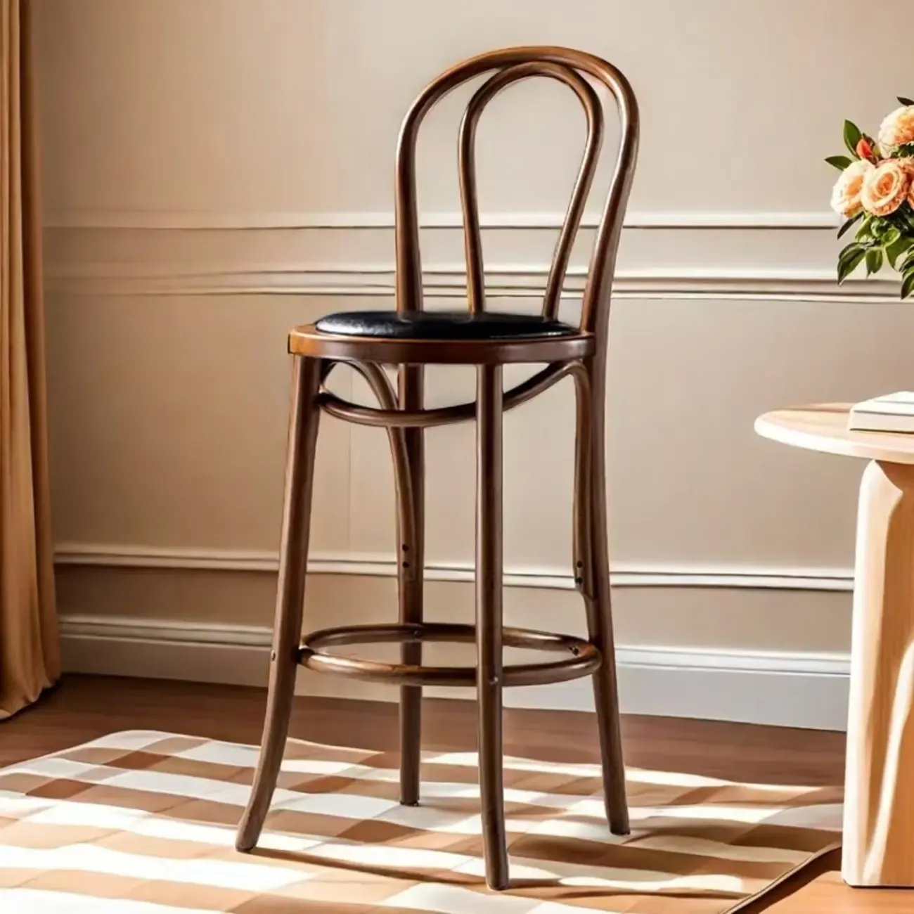 Walnut Beech Wood Leather Seat Bar Stools with Back Image - 1