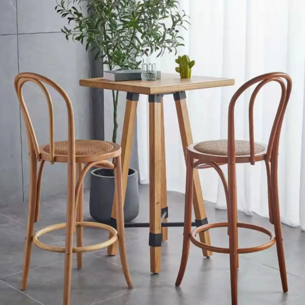 Walnut Beech Wood Leather Seat Bar Stools with Back Image - 9