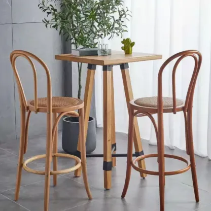 Walnut Beech Wood Leather Seat Bar Stools with Back Image - 9