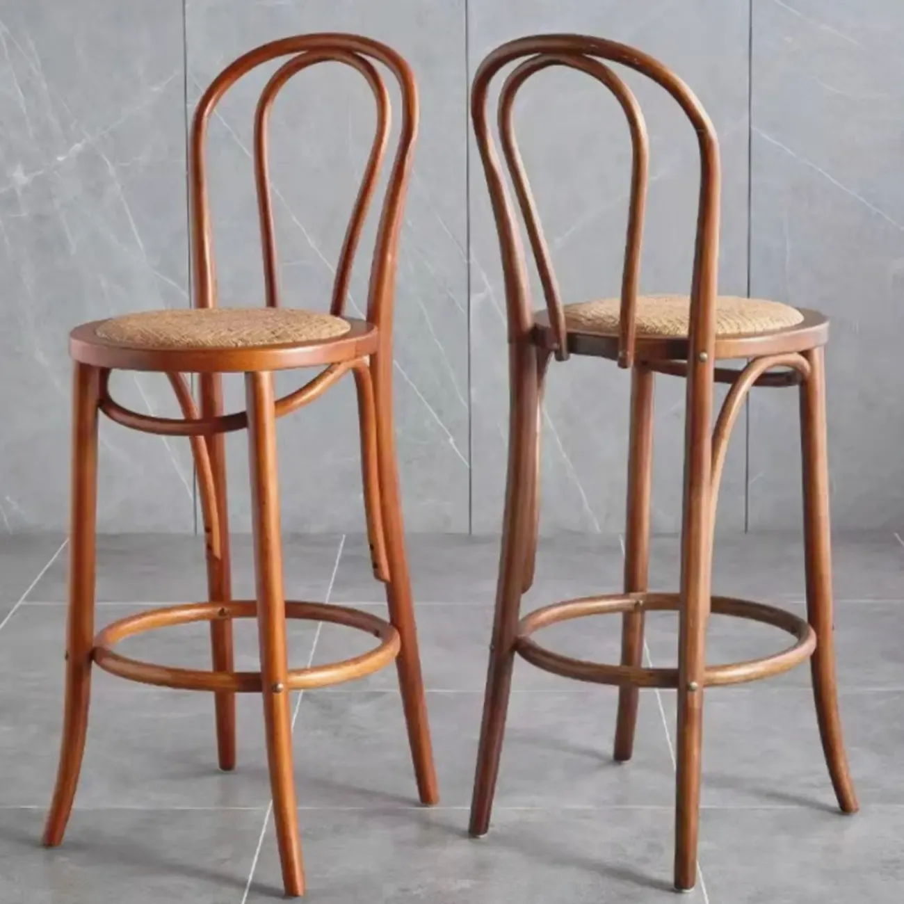 Walnut Beech Wood Leather Seat Bar Stools with Back Image - 11