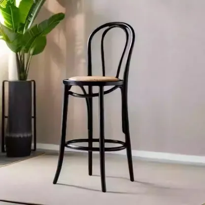 Walnut Beech Wood Leather Seat Bar Stools with Back Image - 2