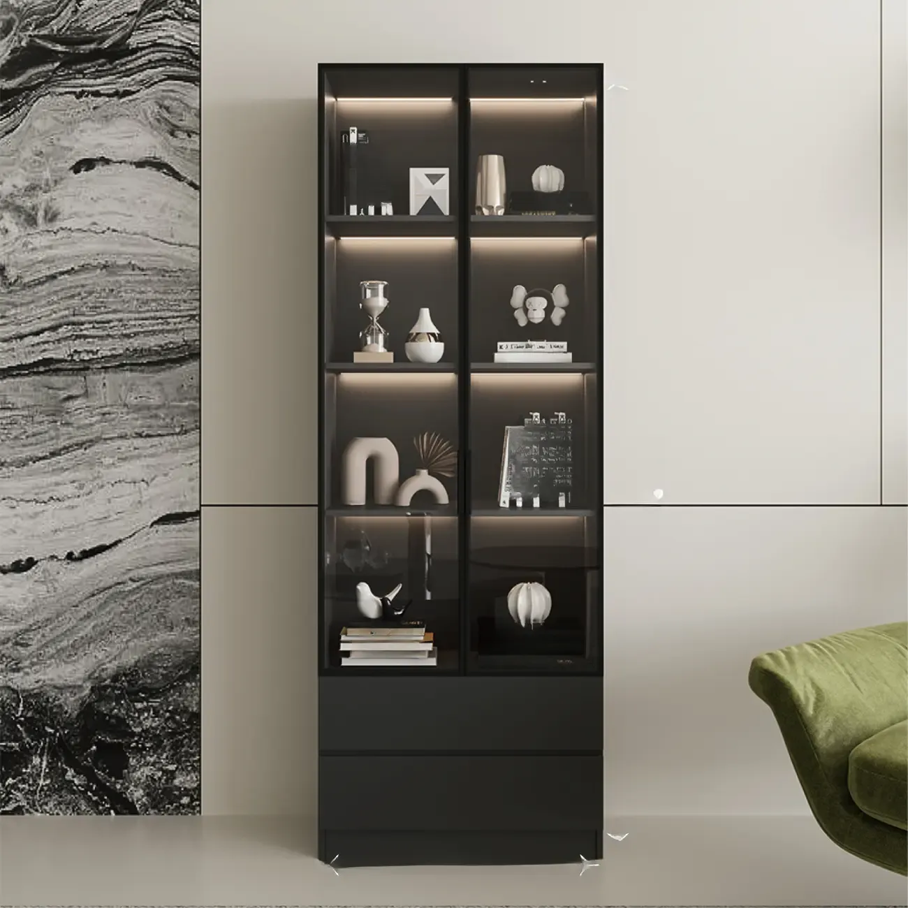 Black Freestanding Wood Wine Cabinet with Glass Doors Image - 2