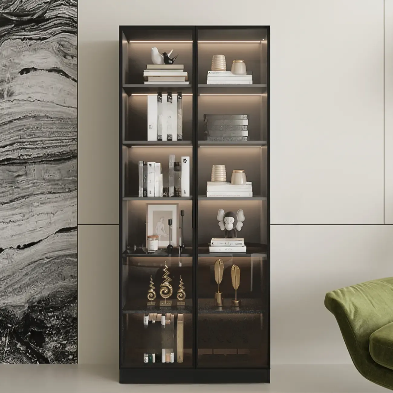 Black Freestanding Wood Wine Cabinet with Glass Doors Image - 5