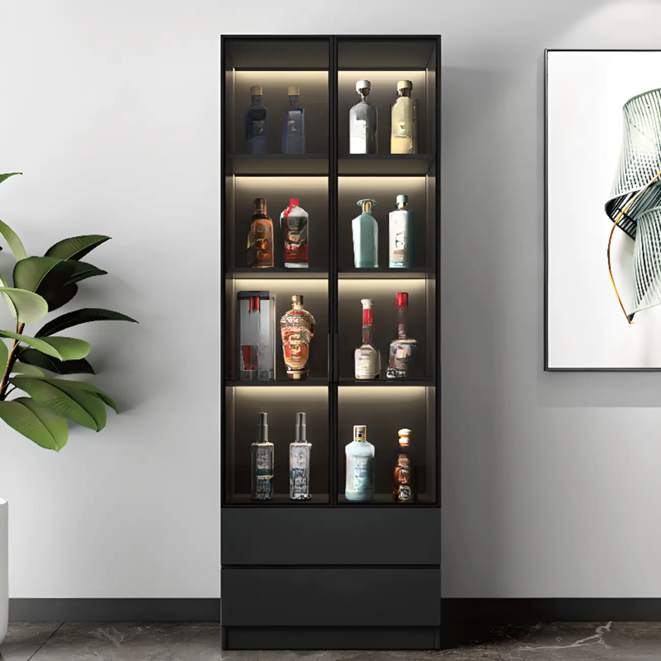 Black Freestanding Wood Wine Cabinet with Glass Doors Image - 6 | homeyfad