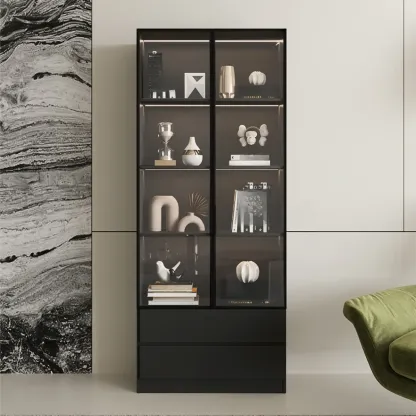 Black Freestanding Wood Wine Cabinet with Glass Doors Image - 7