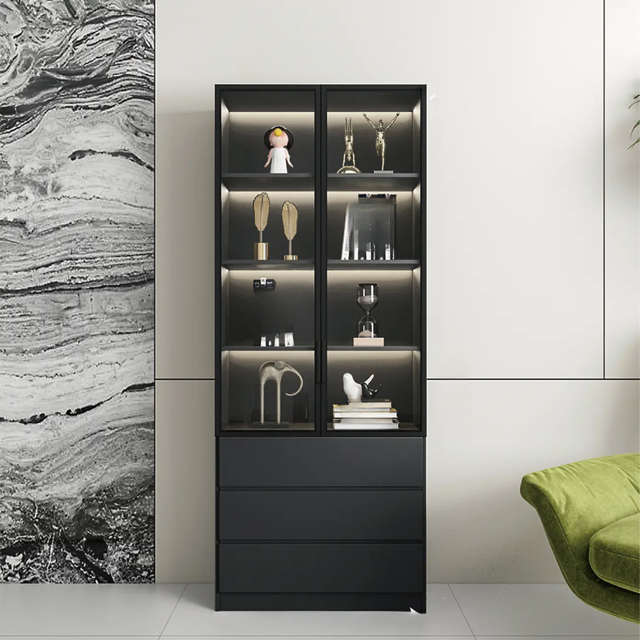 Black Freestanding Wood Wine Cabinet with Glass Doors Image - 10 | homeyfad