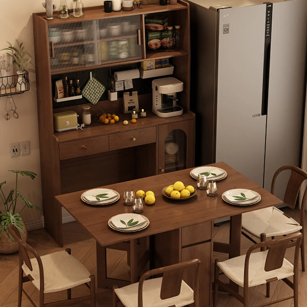 Space-Saving Brown 2-Drawer Wood Buffet Table Sliding Doors Image - 6 | homeyfad